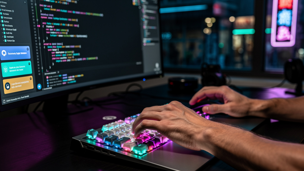 Vibe Coding: Como a IA Está Revolucionando o Desenvolvimento de Software — Um close-up das mãos de um desenvolvedor digitando código em um teclado futurista. A tela do computador ao fundo exibe o logo