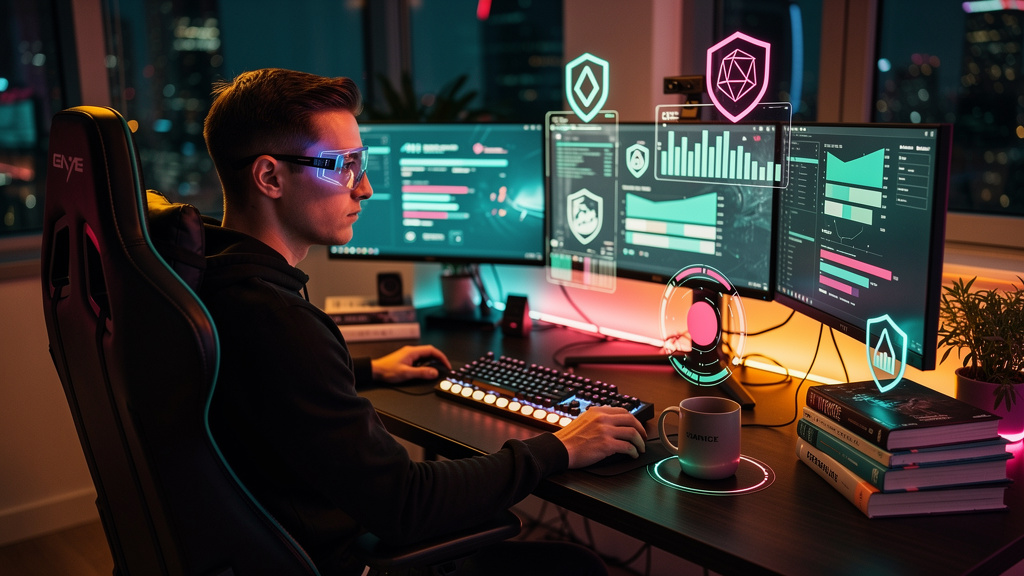 Vibe Coding: Como a IA está Transformando a Experiência do Desenvolvedor — Um desenvolvedor sentado em uma cadeira gamer ergonômica, usando óculos de realidade aumentada que sobrepõem informações de p