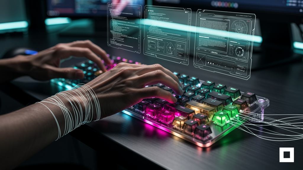 Vibe Coding: Como a IA está Transformando o Desenvolvimento de Software — Um close-up das mãos de um desenvolvedor digitando em um teclado futurista, com hologramas de código flutuando acima das tecla