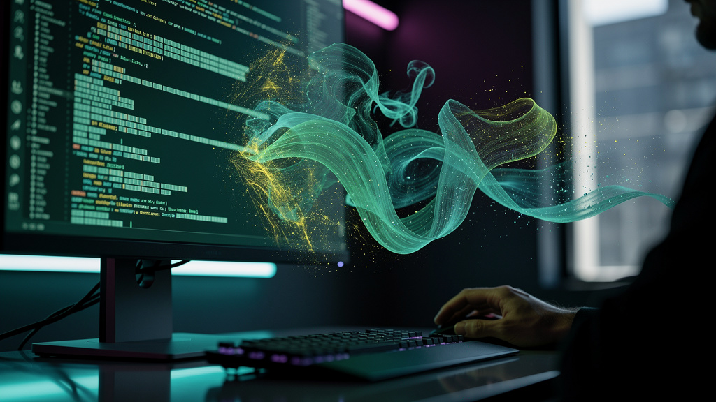 Vibe Coding e IA: A Nova Era do Desenvolvimento Intuitivo — Um close-up dramático de uma tela de computador mostrando linhas de código que se transformam organicamente em formas abstratas e fluidas, c