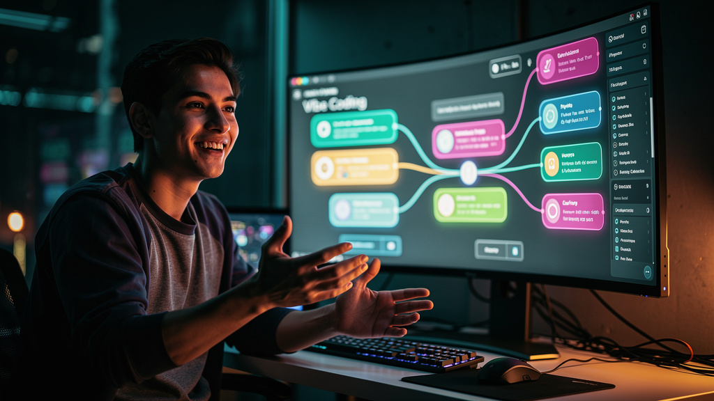 Vibe Coding e IA: A Nova Fronteira do Desenvolvimento — Um desenvolvedor sorrindo enquanto gesticula em frente a uma tela grande que exibe uma interface de Vibe Coding intuitiva. A tela mostra blocos 