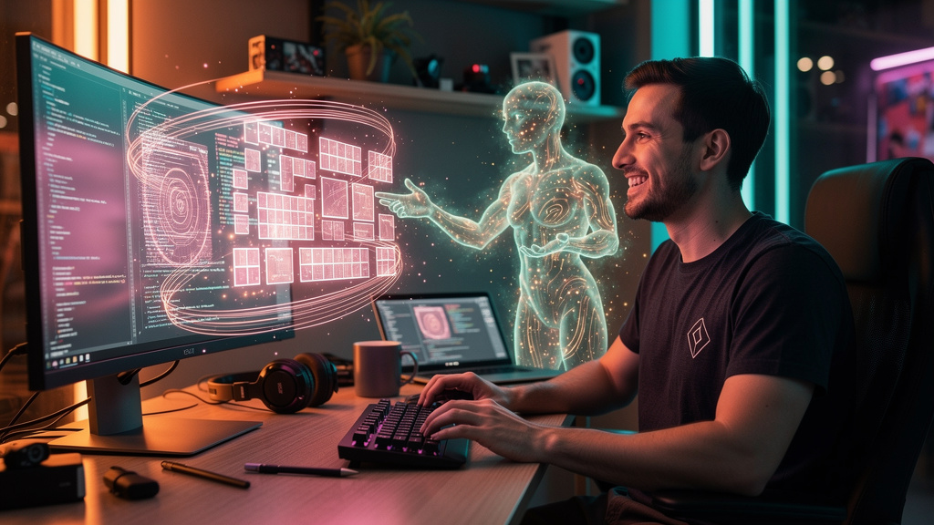Vibe Coding e IA: A Nova Fronteira do Desenvolvimento — Um desenvolvedor sorrindo, vestindo uma camiseta com o logo da Toolzz, colaborando com uma IA visualizada como uma entidade luminosa e amigável 
