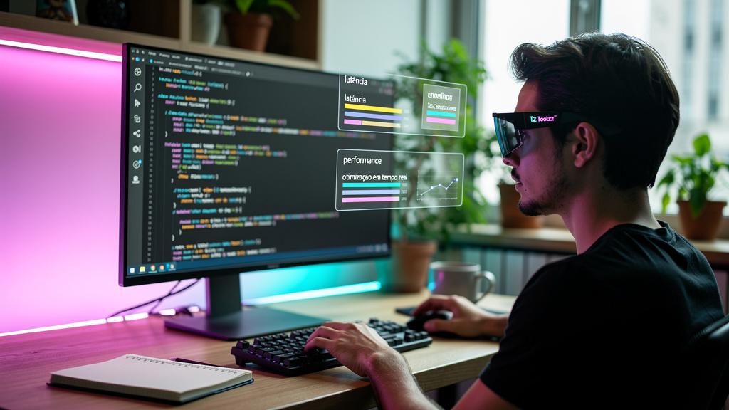 Vibe Coding e IA: A Nova Fronteira do Desenvolvimento de Software — Um desenvolvedor usando óculos com realidade aumentada que sobrepõe informações úteis e estatísticas de performance sobre o código e