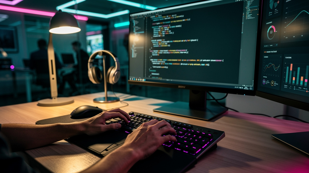 Vibe Coding e IA: A Revolução do Desenvolvimento de Software — Close-up de mãos digitando em um teclado ergonômico em um ambiente de escritório moderno. A iluminação ambiente é suave e quente, com foc