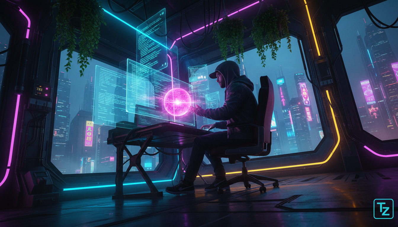 Vibe Coding: IA e Desenvolvedores em Sintonia — Create a high-end editorial illustration in a modern flat + gradient vector style.  STYLE: Clean, geometric, semi-abstract human figures with minimal fa