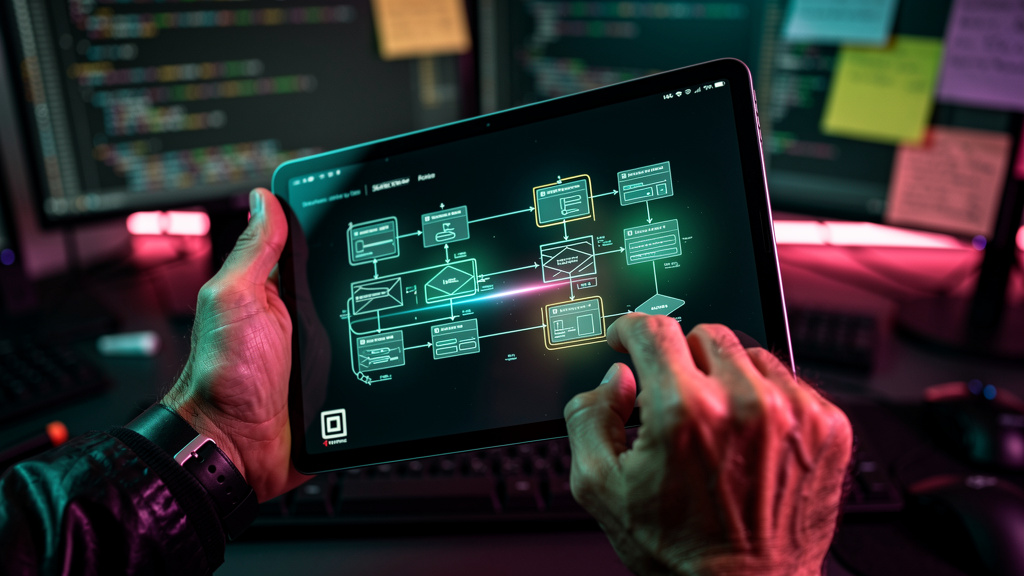 Vibe Coding: IA e o Futuro do Desenvolvimento de Software — Um close-up das mãos de um desenvolvedor experiente, segurando um tablet onde um complexo diagrama de arquitetura de software se forma em te