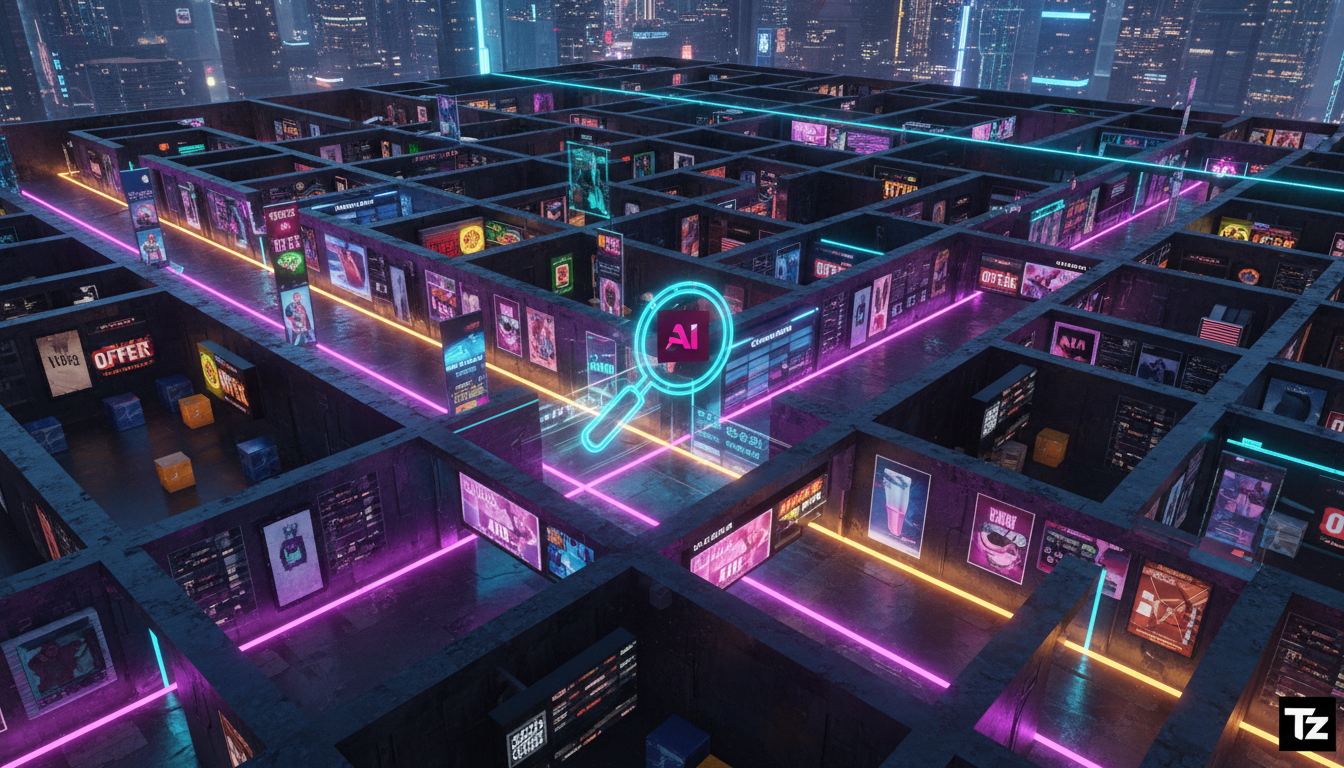 Visa testa IA para compras online: o futuro do e-commerce — Visão aérea de um labirinto complexo formado por corredores de lojas online. Um pequeno agente de IA, com a forma de uma lupa inteligente e 