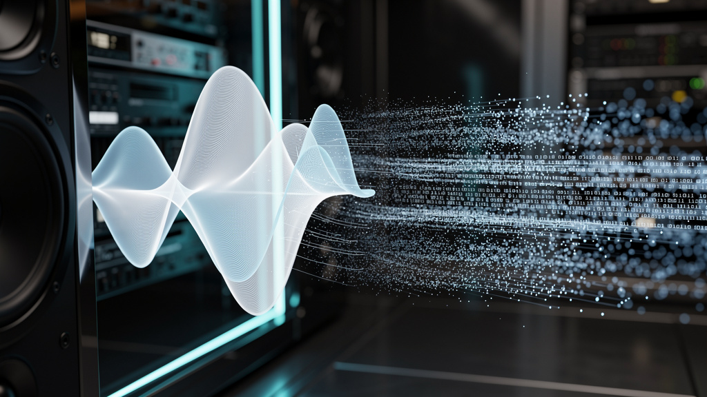 Voice AI: A Revolução da URA Inteligente e Agentes de Voz — Um close-up estilizado de ondas sonoras se transformando em dados binários (0s e 1s) em um ambiente futurista e elegante. O logo da Toolzz e