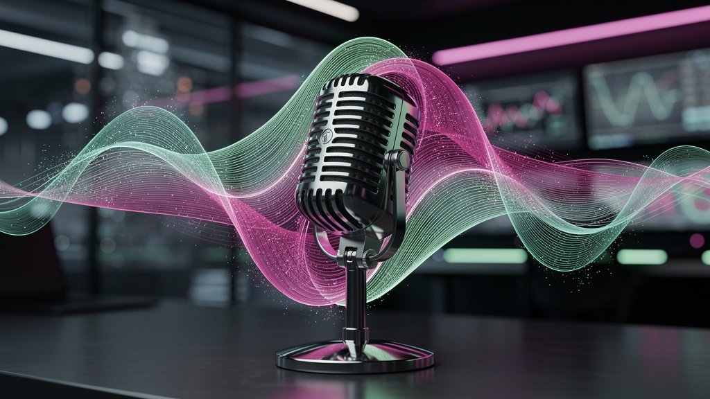 Voice AI: A Revolução da URA Inteligente para Empresas — Um close-up estilizado de ondas sonoras vibrantes convergindo em um microfone vintage, com a forma da Toolzz sutilmente integrada nas ondas son