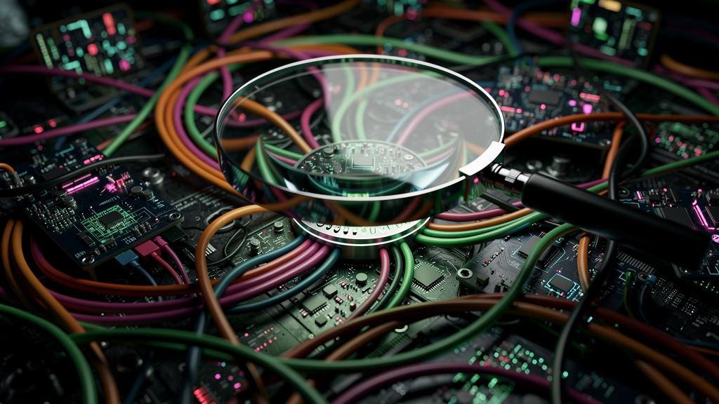 Voice AI: A Revolução da URA Inteligente para Empresas — Um labirinto de opções de URA tradicional representado visualmente como um emaranhado de fios coloridos e placas de circuito confusas. Uma lupa