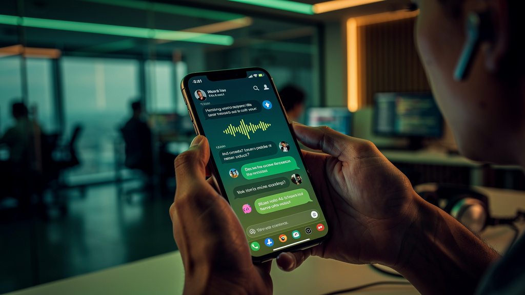 Voice AI: A Revolução da URA Inteligente para o Atendimento Empresarial — Close-up das mãos de um cliente digitando em um smartphone. A tela exibe uma interface de chat com um assistente virtual da To