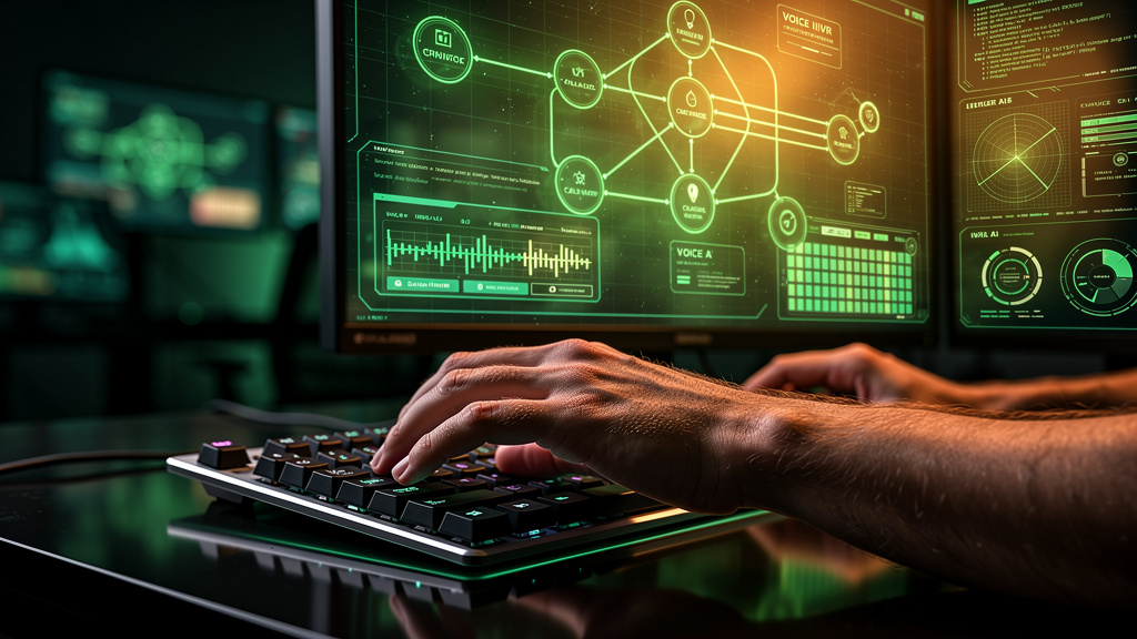 Voice AI: A Revolução da URA Inteligente para o Atendimento Empresarial — Um close-up das mãos de uma pessoa digitando em um teclado. No reflexo da tela do computador, vê-se uma interface de programaç