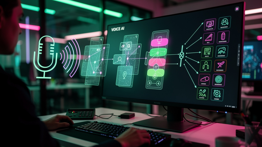Voice AI: A Revolução da URA Inteligente para o Atendimento Empresarial — Uma tela de computador exibindo um diagrama de blocos que ilustra o funcionamento da Voice AI. O diagrama mostra a voz do usuá