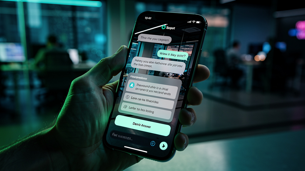 Voice AI: Agentes de Voz Transformando a Comunicação Corporativa — Close-up de uma tela de smartphone mostrando um chatbot com a interface da Toolzz. O chatbot responde a uma pergunta de um cliente so