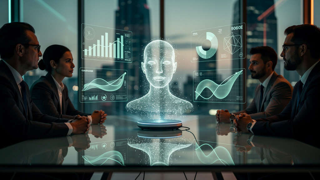 Voice AI: Agentes de voz transformando a comunicação empresarial — Um agente de voz holográfico projetado em uma sala de reuniões corporativa, interagindo com executivos. O holograma exibe dados e grá