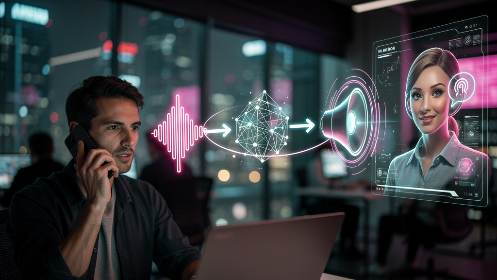 Voice AI: Automatize seu Atendimento e Melhore a Experiência do Cliente — Um fluxograma que ilustra o funcionamento da Voice AI. No início, uma pessoa falando ao telefone. No meio, ícones representand