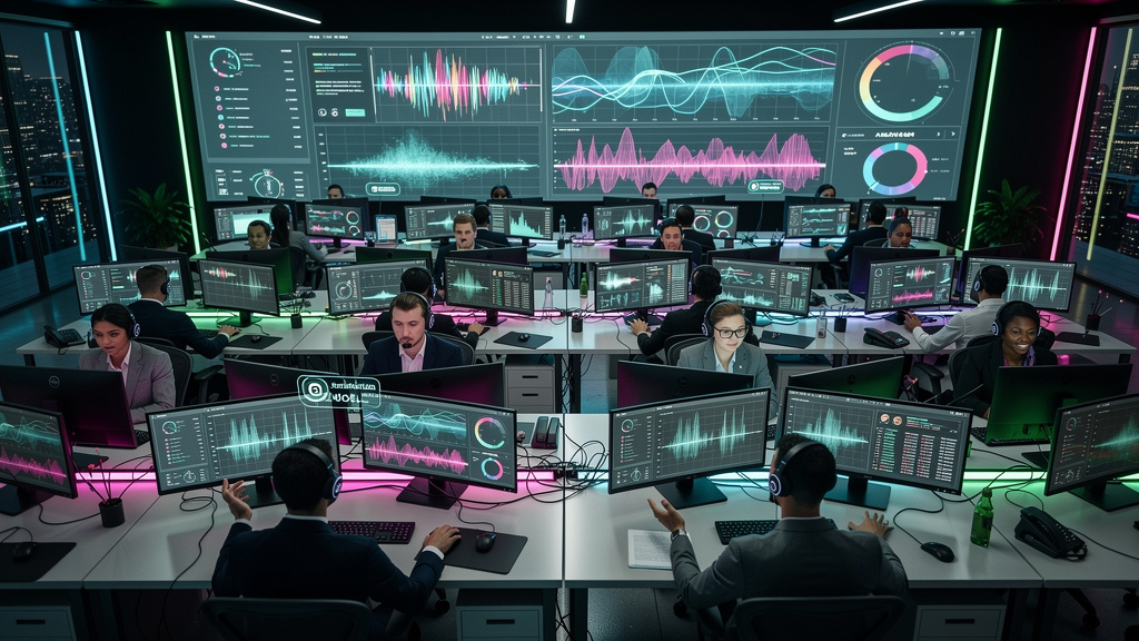 Voice AI: Como a Automação por Voz Transforma Empresas — Um call center movimentado visto de cima, com vários operadores usando headsets. Uma tela grande exibe métricas de desempenho em tempo real e o