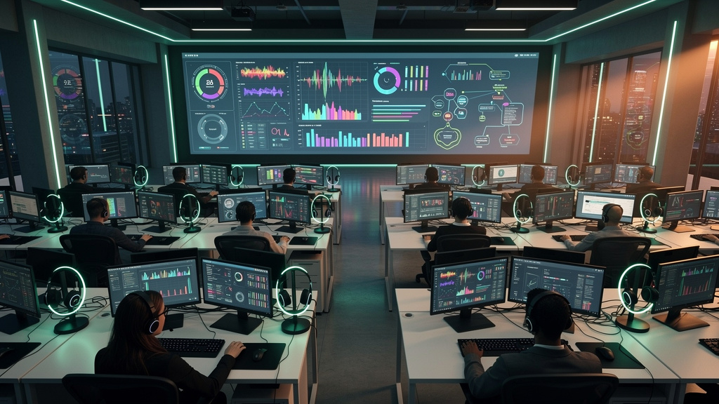 Voice AI: Como a Automação por Voz Transforma o Atendimento e a Produtividade — Um call center movimentado visto de cima, com diversos atendentes utilizando headsets. Uma tela grande ao fundo exibe da