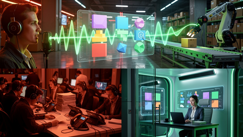 Voice AI: Como a Automação por Voz Transforma o Atendimento e as Operações — Um diagrama infográfico dividido em duas partes para carrossel do Instagram. Parte superior: Fluxograma mostrando como a Vo
