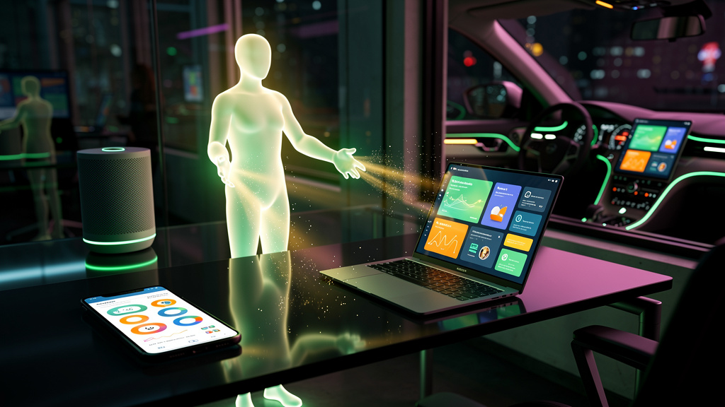 Voice AI: Como Agentes de Voz Transformam a Comunicação Empresarial — Ilustração digital mostrando um agente de voz (representado por uma forma humanoide luminosa e minimalista) interagindo simultanea