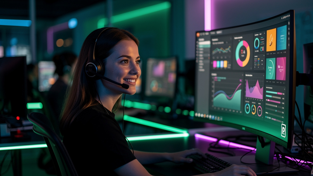 Voice AI e Automação: Como a IA Está Transformando o Mercado — Um call center movimentado visto de um ângulo ligeiramente elevado. Foco em um atendente usando um headset e sorrindo enquanto interage c