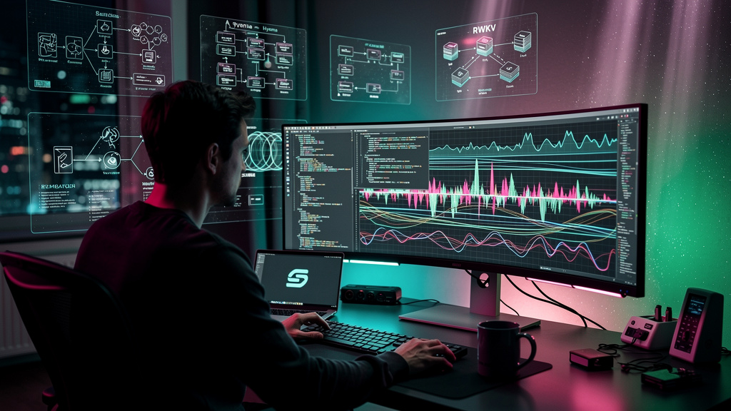 Voice AI e Automação: Transformando o Atendimento e as Operações — Um desenvolvedor trabalhando em uma tela com código complexo de IA. A tela mostra representações visuais de ondas sonoras sendo anali