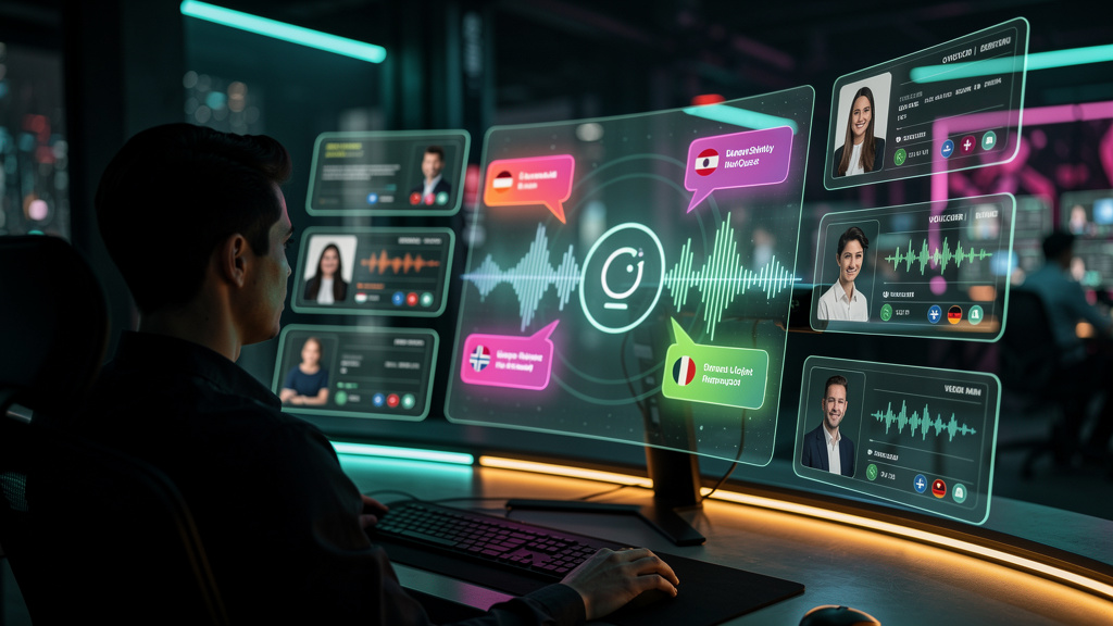 Voice AI: O Futuro da Automação e Atendimento ao Cliente — Um agente de voz da Toolzz (representado por uma interface gráfica amigável e moderna) resolvendo dúvidas de clientes simultaneamente em dife