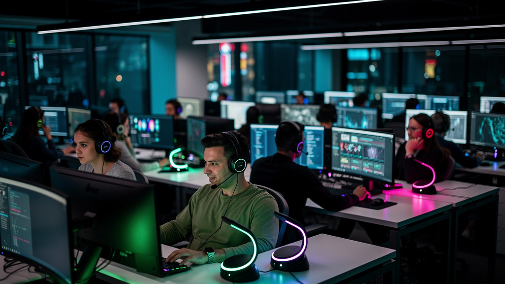 Voice AI: O Futuro da Automação e Atendimento ao Cliente — Um call center movimentado, visto de um ângulo superior. A maioria dos atendentes usa fones de ouvido tradicionais, mas um pequeno grupo está