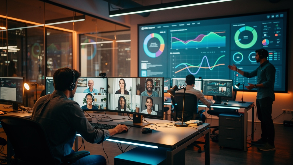 Voice AI: O Futuro da Automação e Atendimento Empresarial — Um call center moderno e movimentado, mas em vez de pessoas com headsets, vemos avatares de diferentes etnias e idades interagindo em telas.