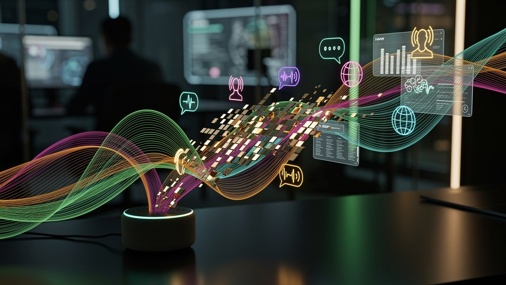 Voice AI: O Futuro da Interação com o Cliente — Um close-up estilizado de ondas sonoras se transformando em texto digital, com pequenos ícones representando diferentes idiomas surgindo das ondas. Core
