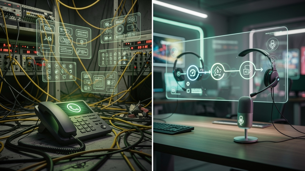 Voice AI: O Futuro da Interação com o Cliente — Uma tela dividida verticalmente: à esquerda, uma URA tradicional com menus complexos e confusos, representada por um labirinto de opções. À direita, uma