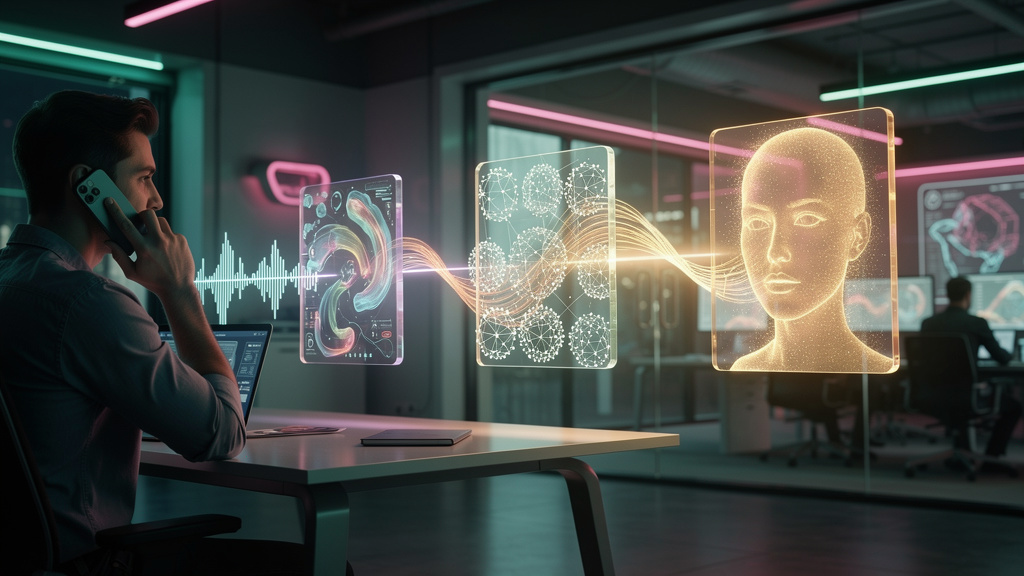 Voice AI: O Futuro do Atendimento e da Automação Empresarial — Um diagrama de blocos mostrando o fluxo de uma interação com Voice AI. No bloco inicial, um cliente falando ao telefone. Em seguida, bloc