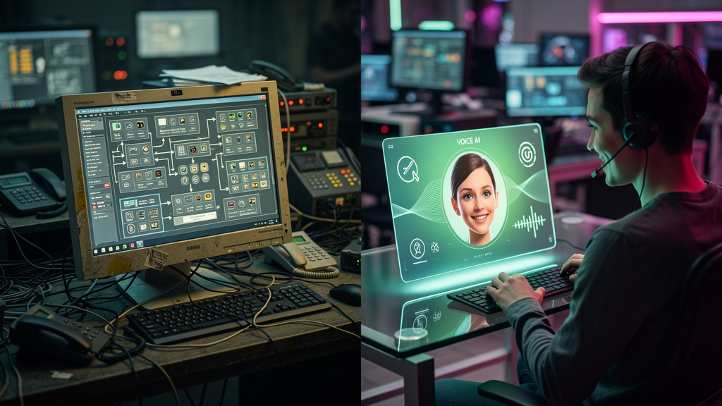 Voice AI: O Futuro do Atendimento e da Automação Sonora — Uma representação visual da evolução das URAs. No lado esquerdo, uma URA tradicional com um menu complexo e confuso exibido em uma tela antiga