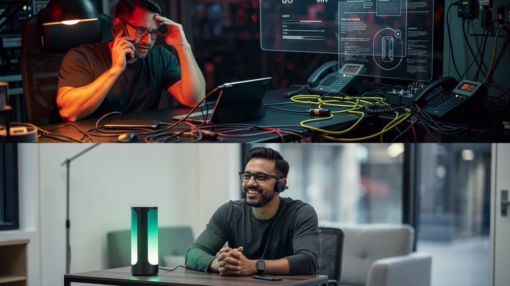 Voice AI: O Futuro do Atendimento e da Experiência do Cliente — Infográfico comparando a experiência do cliente com URAs tradicionais e com Voice AI. Lado esquerdo: cliente frustrado em um labirinto d