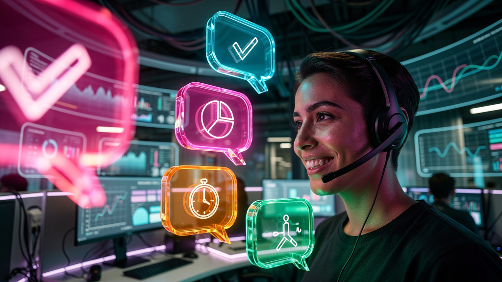Voice AI: O Futuro do Atendimento e da Experiência do Cliente — Um atendente de call center sorrindo, usando um headset, com vários balões de diálogo coloridos flutuando ao redor dele, cada um exibind