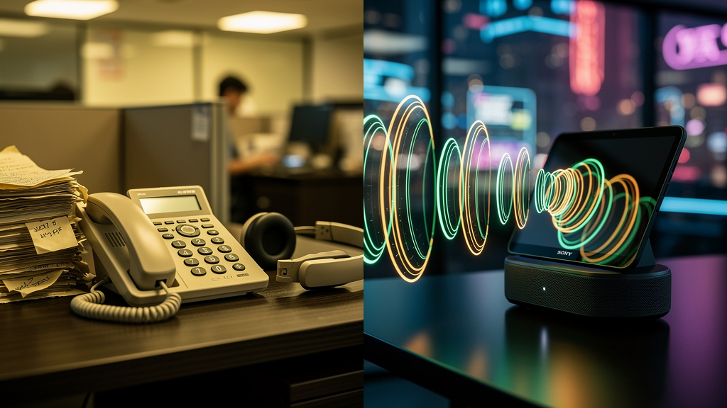 Voice AI: O Futuro do Atendimento e da Experiência do Cliente — Uma representação visual da evolução do atendimento ao cliente. À esquerda, uma URA tradicional com botões físicos e um design datado. À