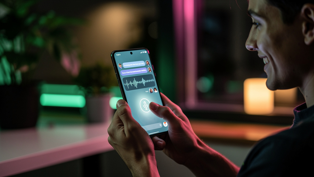 Voice AI: O Futuro do Atendimento e da Experiência do Cliente — Uma tela de smartphone exibindo uma conversa fluida e natural entre um cliente e um assistente virtual de voz. A interface do aplicativo