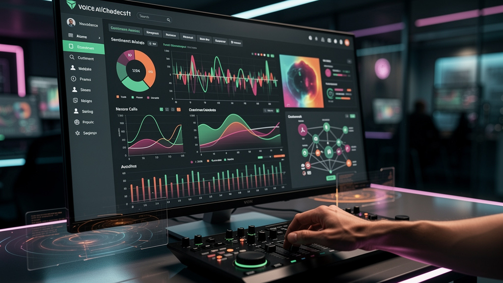 Voice AI: O Guia Completo para Automação e Atendimento Empresarial — Um close-up de uma tela mostrando um painel de controle de Voice AI. Gráficos e dados são exibidos em tempo real, mostrando a análi