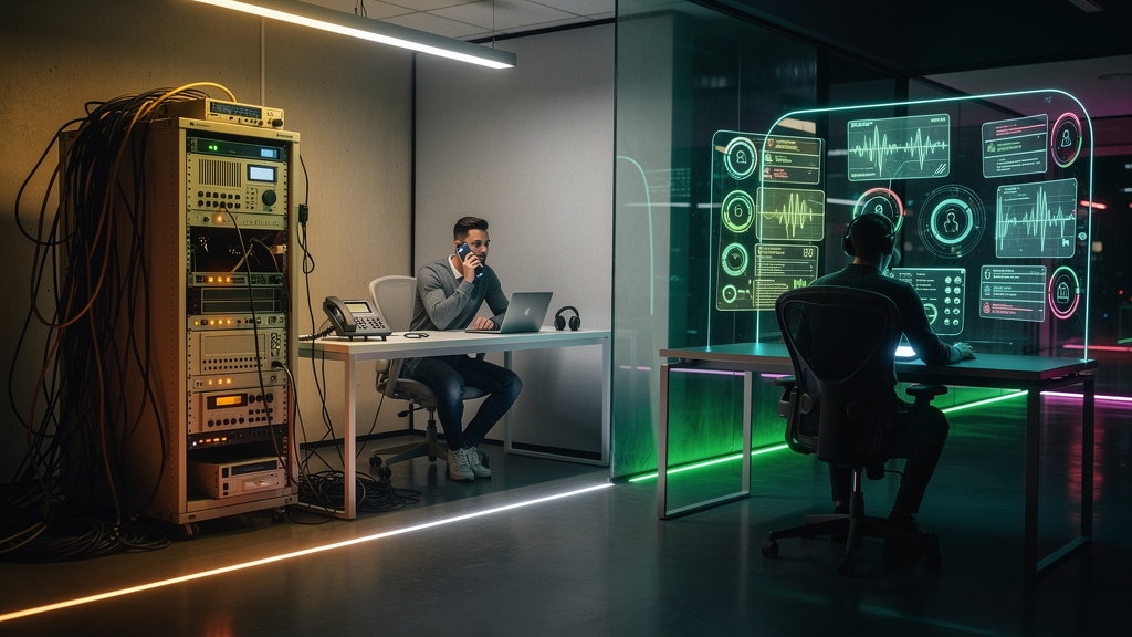 Voice AI para resolver atendimento urgente em 2026 — Uma linha do tempo visual que mostra a evolução das tecnologias de voz. Começando com um sistema IVR volumoso e antigo, passando por um smartphone 