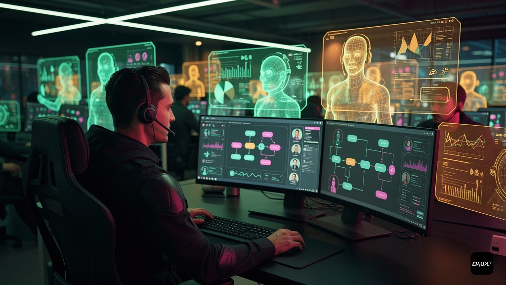 Voice AI: Transforme o Atendimento com Agentes de Voz Inteligentes — Um call center futurista com agentes de voz holográficos atendendo chamadas. Os hologramas são representações visuais de diferentes