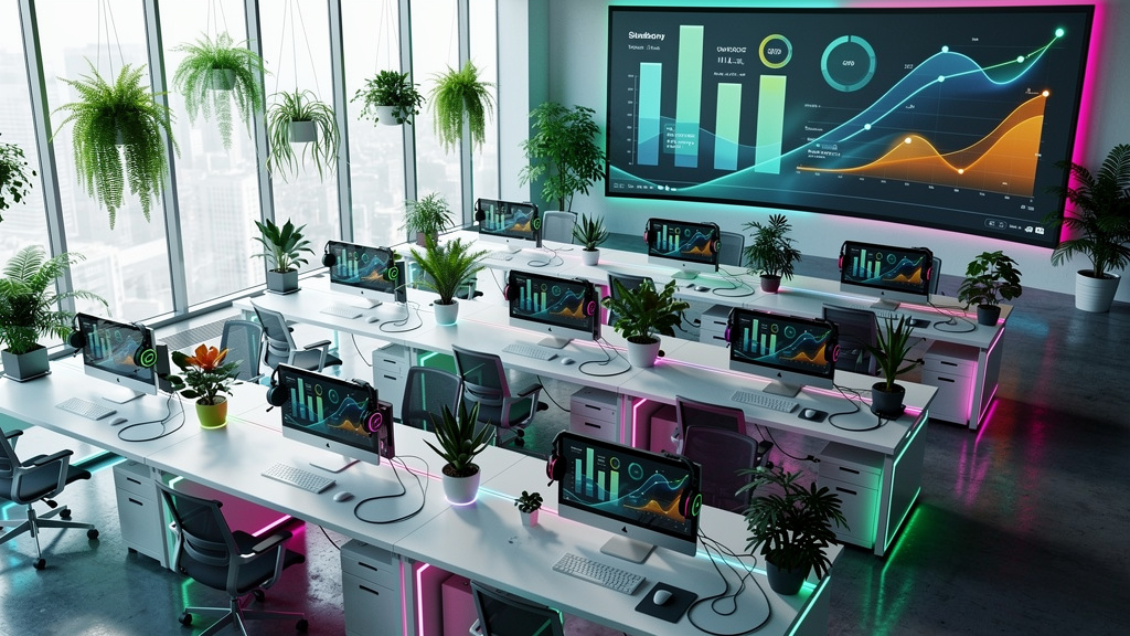 Voice AI: Transforme o Atendimento com Agentes de Voz Inteligentes — Uma visão aérea de um call center moderno, mas com um toque inesperado: em vez de pessoas com fones de ouvido, todos os atendentes 