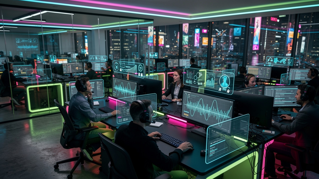 Voice AI: Transforme o Atendimento e a Automação na sua Empresa — Ilustração isométrica de um call center movimentado, com diversos atendentes usando headsets e interagindo com telas que exibem dados 