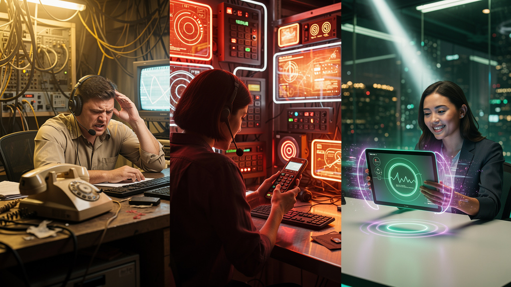 Voice AI: Transforme o Atendimento e a Experiência do Cliente — Uma linha do tempo visual que mostra a evolução da Voice AI. No início, um telefone antigo de disco com um operador humano frustrado. No