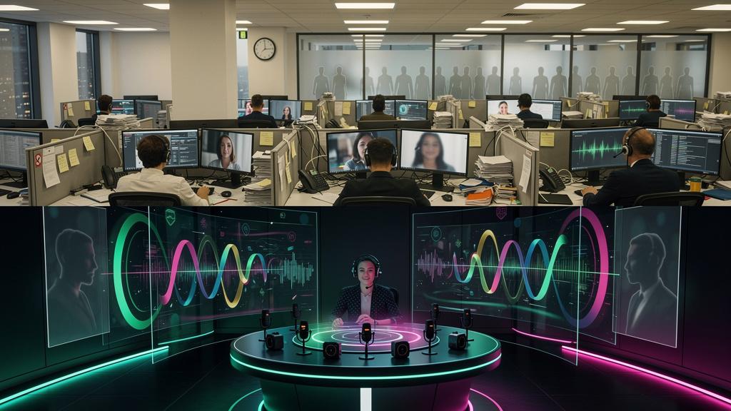 Voice AI: URA Inteligente e Agentes de Voz Transformando Empresas — Um diagrama infográfico dividido em duas partes. Na parte superior, um fluxo de atendimento ao cliente tradicional com várias etapas