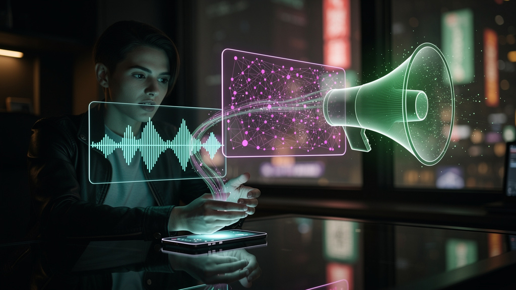 Voice AI: URA Inteligente e Agentes de Voz Transformando Empresas — Um diagrama visual que mostra o fluxo de informações em um sistema de Voice AI. Começando com uma pessoa falando em um smartphone, a