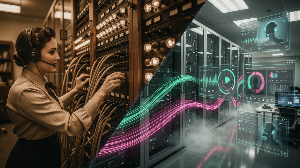 Voz de Atendente de Telemarketing: Guia Completo para Empresas — Evolução da comunicação telefônica: à esquerda, uma telefonista dos anos 50 conectando cabos em uma central telefônica antiga. À direit