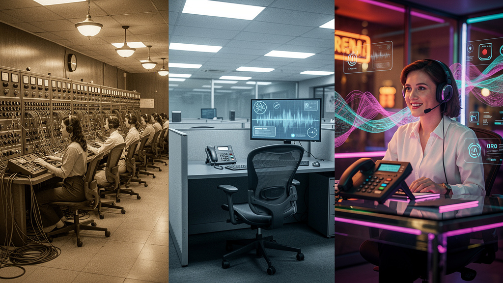 Voz de Atendente de Telemarketing: IA, Qualidade e Eficiência — Uma linha do tempo visual que mostra a evolução do atendimento ao cliente: começando com telefonistas em grandes centrais telefônicas do