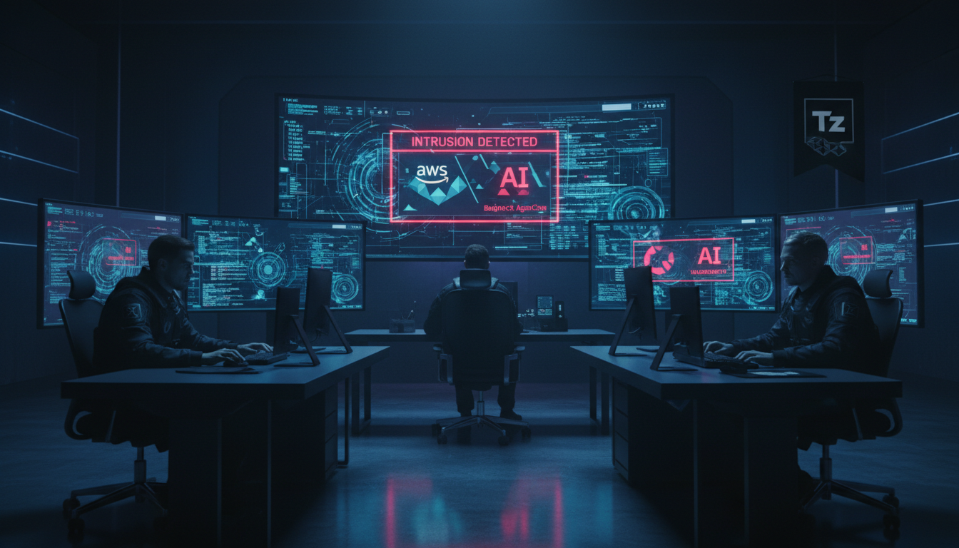 Vulnerabilidades em Agentes de IA: O que sua Empresa Precisa Saber — Um time de especialistas em segurança cibernética, trabalhando em uma sala de controle moderna, com múltiplos monitores exibindo gr