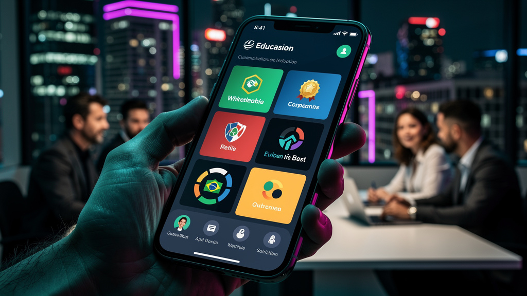 Whitelabel Brasil é a solução para Inovação em Educação Corporativa em 2026 — Um close-up de um smartphone mostrando uma interface de usuário personalizável com o logotipo e as cores de uma empresa fi