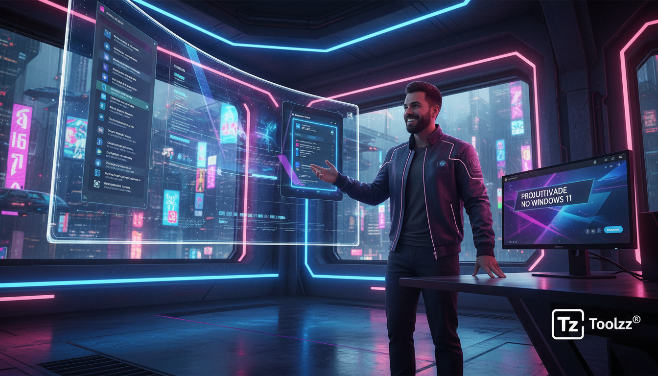 Windows 11: O Plano da Microsoft para Performance e Experiência — Um designer de UI/UX trabalhando em uma tela grande que mostra o novo Explorador de Arquivos do Windows 11. Ele gesticula com um sorri